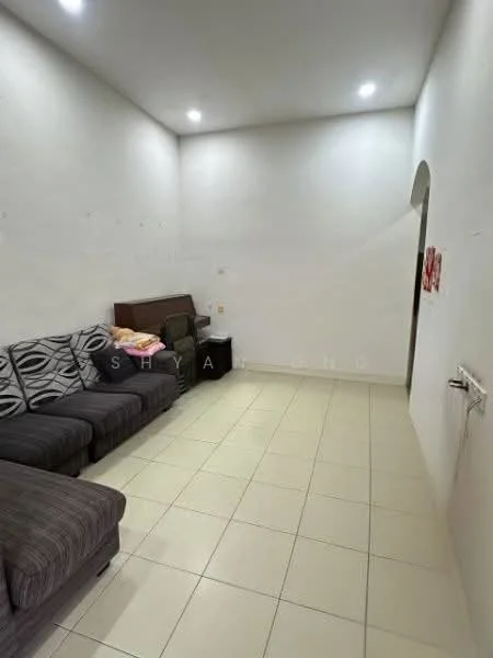 Living features: grey striped fabric sofa, 2-seater sofa, white painted walls, tile flooring, recessed LED downlights, empty wall space, no visible decor, open layout; style: minimalist.
