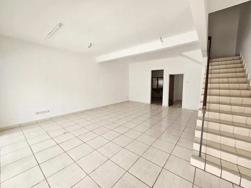 Room features: white painted walls, tile flooring, exposed ceiling, staircase with tiled steps, recessed lighting, large open space, no visible furniture, windows with natural light; style: minimalist.