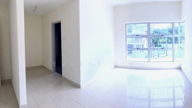 Room features: white painted walls, glossy tile flooring, large windows with multiple panes, natural light from windows, corner window view, doorway leading to another room, neutral color scheme, open layout; style: modern; view: street.