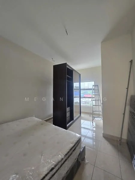 Bedroom features: white painted walls, tile flooring, large window, built-in wardrobe, unmade bed with mattress, ladder, neutral color scheme.