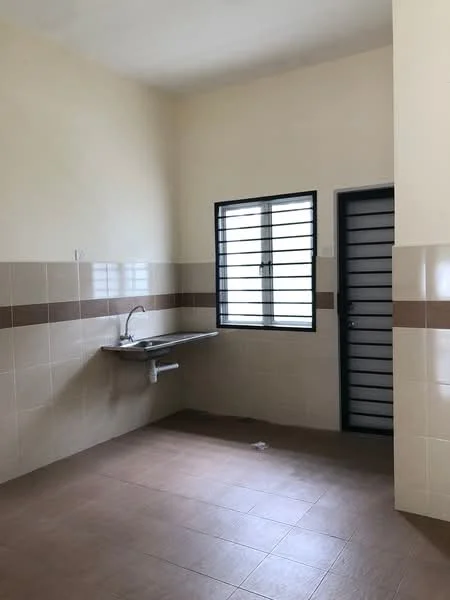 Laundry features: single-bowl stainless-steel sink, wall-mounted faucet, tile cladding on walls, light brown tiled flooring, window with horizontal bars, door with horizontal bars, cream painted walls, brown accent tiles.