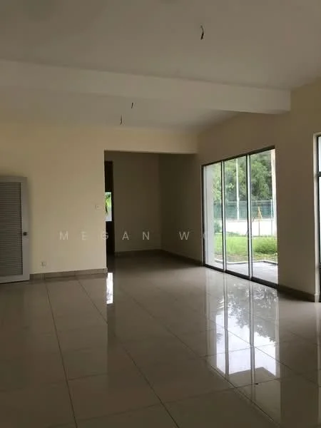 Room features: white painted walls, polished ceramic tile flooring, large floor-to-ceiling windows, sliding glass door, exposed ceiling beams, natural light from windows, view of garden, neutral color scheme; style: modern; view: garden.