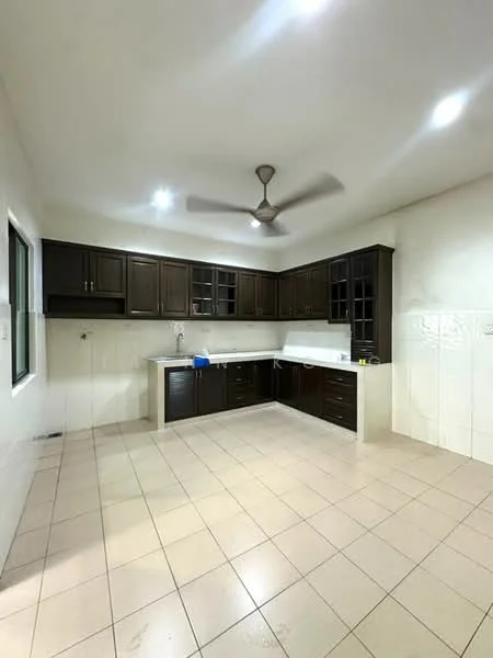 Kitchen features: brown wooden cabinetry, white countertop, single-bowl stainless-steel sink, chrome pull-down faucet, tile backsplash, ceramic tile flooring, 5-blade ceiling fan, recessed downlights, window with view to outside, open layout; style: modern.