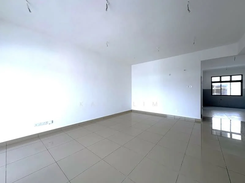 Room features: white painted walls, glossy beige floor tiles, recessed ceiling lights, large windows, open layout, no visible furniture, neutral color scheme, smooth ceiling; style: modern.