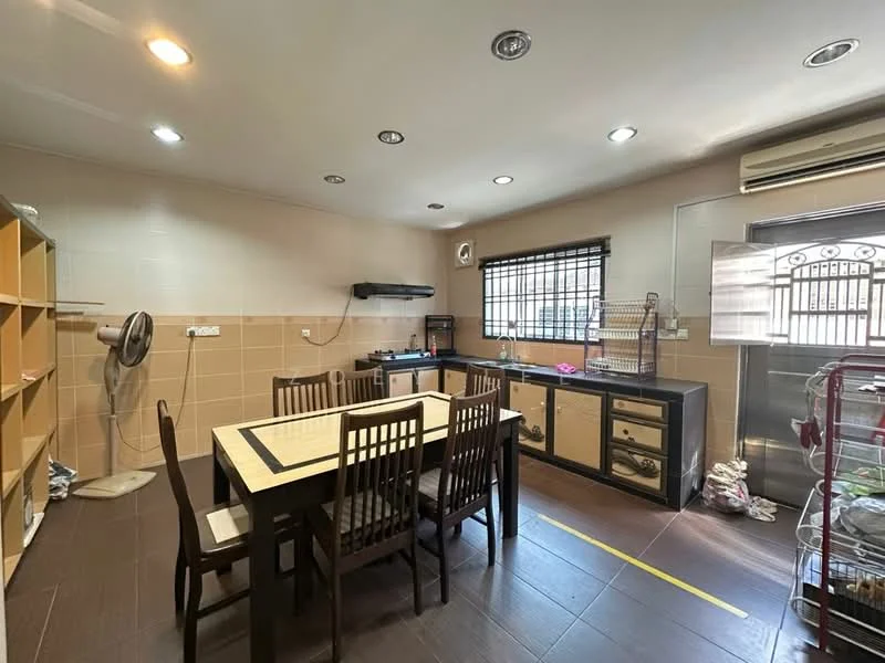 Kitchen features: brown wooden dining table with 6 chairs, black countertop, stainless-steel sink, chrome pull-down faucet, built-in gas stove, exhaust hood, cream cabinetry with black handles, tile backsplash, ceramic tile flooring, window with black grille, recessed downlights, wall-mounted air conditioning unit, open shelving, laundry area with drying rack; style: modern.