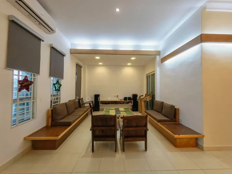 Living features: white painted walls, tile flooring, recessed downlights, 2 wall-mounted split AC units, built-in wooden seating, wooden coffee table, large windows with roller blinds, decorative wall lighting; style: modern.