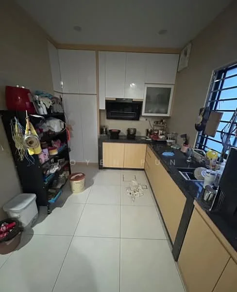 Kitchen features: white upper cabinets, wood lower cabinets, black granite countertop, built-in oven, microwave, stainless-steel sink, single-bowl sink, chrome faucet, ceramic tile flooring, window with metal grille, open shelving, various kitchen appliances, toilet in corner; style: modern.