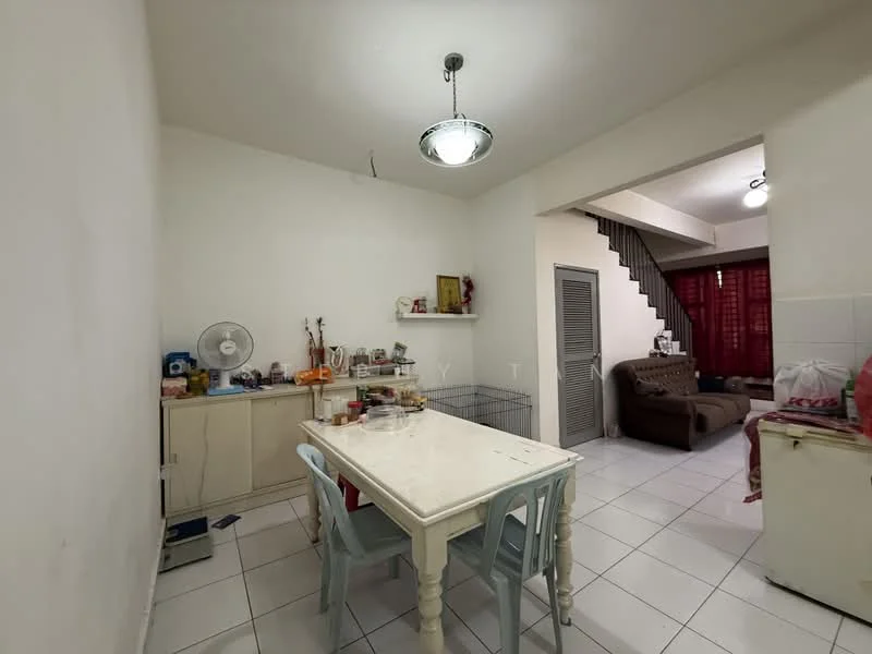 Dining features: white painted walls, white tiled flooring, dining table with four chairs, ceiling light fixture, fan, sideboard cabinet, open space to living area, window with red curtains. Living features: brown fabric sofa, coffee table, wall with red curtains, staircase leading to upper floor.
