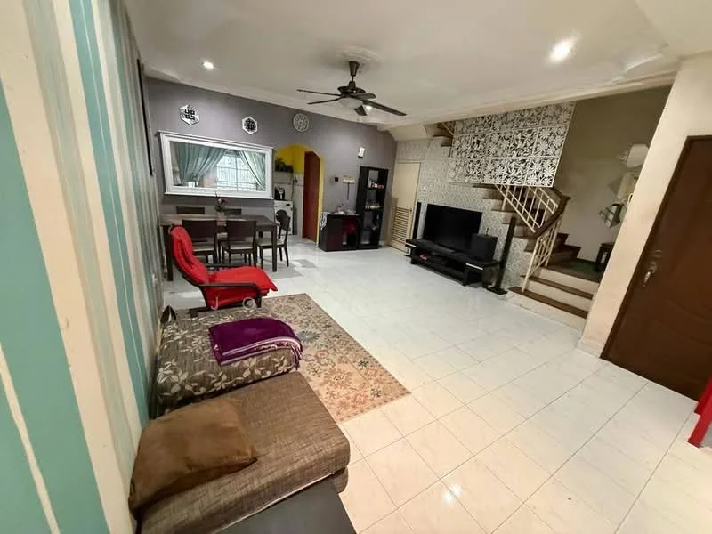 Living features: white tiled flooring, grey painted walls, ceiling fan with light, wall-mounted TV, TV console, sofa with cushions, area rug with geometric pattern, dining table with chairs, decorative wall art, staircase with decorative railing, large window with natural light; style: modern.
