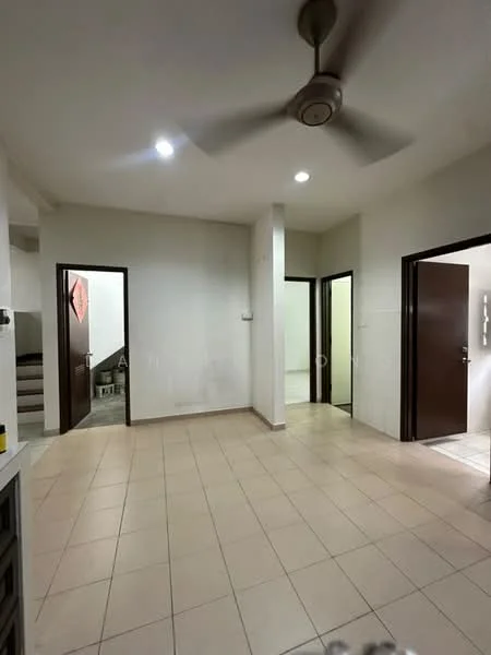 Room features: cream painted walls, tile flooring, ceiling fan, recessed downlights, multiple doorways, neutral color scheme, open layout, no visible furniture; style: modern.