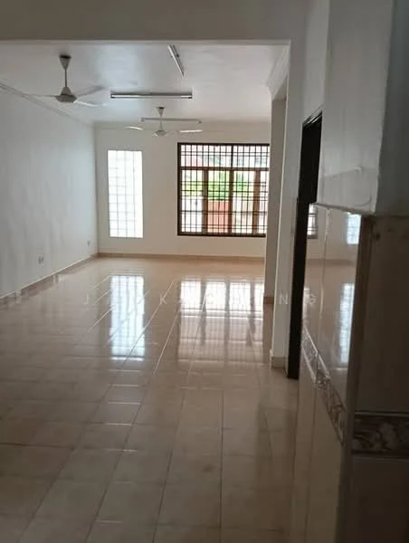 Room features: white painted walls, glazed tile flooring, ceiling fan, large windows, natural light, corner wall with window, neutral color scheme, open layout; style: modern; view: garden.