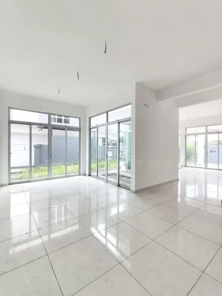 Room features: white painted walls, marble tile flooring, floor-to-ceiling windows, sliding glass door, recessed downlights, open layout, natural light, minimalist design; style: modern; view: garden.