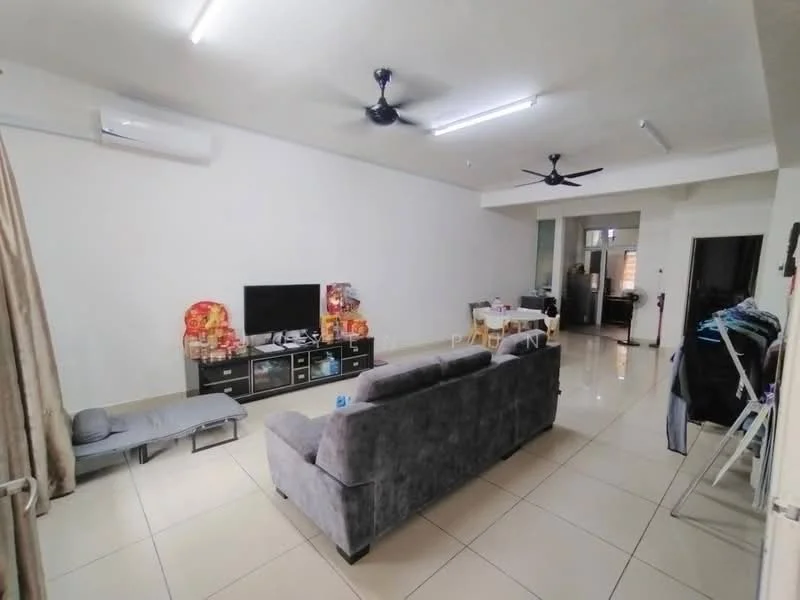 Living features: grey fabric sofa, coffee table, wall-mounted TV, TV console, ceiling fan, 2-blade ceiling fan, air conditioning unit, white painted walls, glossy tile flooring, curtains, decorative items on TV console, dining table in background; style: modern.
