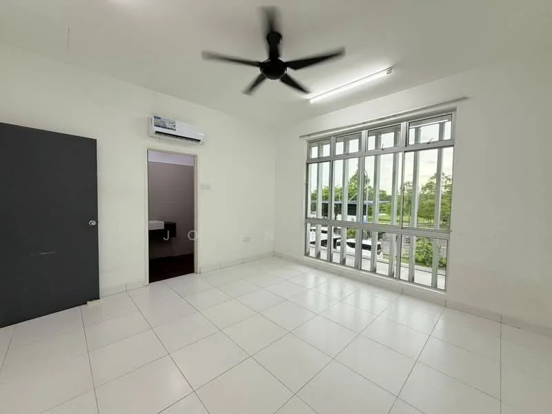 Room features: white painted walls, white tiled flooring, ceiling fan, wall-mounted split AC, large windows with multiple panes, doorway leading to another room, door with dark finish, natural light from windows, view of greenery outside; style: modern; view: garden.