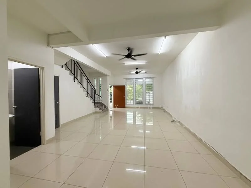 Living features: white painted walls, glossy ceramic tile flooring, recessed LED downlights, 2 ceiling fans, large windows with natural light, open layout, staircase leading to upper floor, sliding glass door, neutral color scheme, no visible furniture; style: modern; view: garden. Room features: white painted walls, glossy ceramic tile flooring, door leading to bathroom, neutral color scheme.