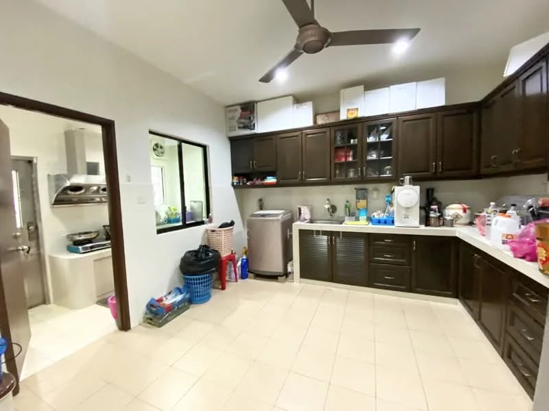 Kitchen features: dark wood cabinetry, white countertop, stainless-steel sink, chrome pull-down faucet, built-in oven, freestanding range oven, microwave, refrigerator, tile flooring, ceiling fan, wall-mounted storage shelves, various kitchen appliances, open shelving, window with view to exterior; style: modern.