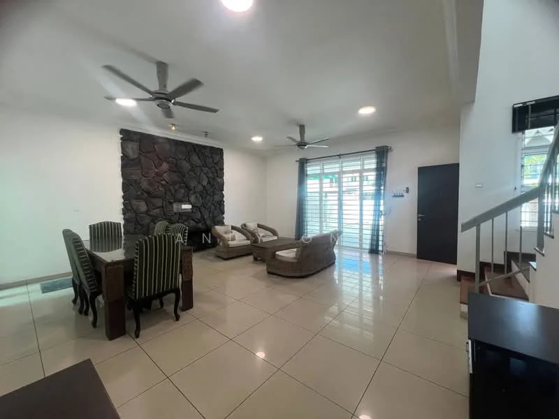 Living features: cream painted walls, white ceiling, 5-blade ceiling fan with light, 2-seater rattan sofa, 2 armchairs in rattan, dining table with 6 upholstered chairs, tile flooring, stone feature wall, window treatments with sheer curtains, sliding glass door, decorative wall clock; style: modern.