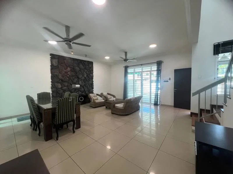 Living features: cream painted walls, glossy tile flooring, exposed stone feature wall, 2 ceiling fans, sofa set with cushions, coffee table, dining table with upholstered chairs, curtains, wall-mounted TV, staircase with metal railing; style: modern.