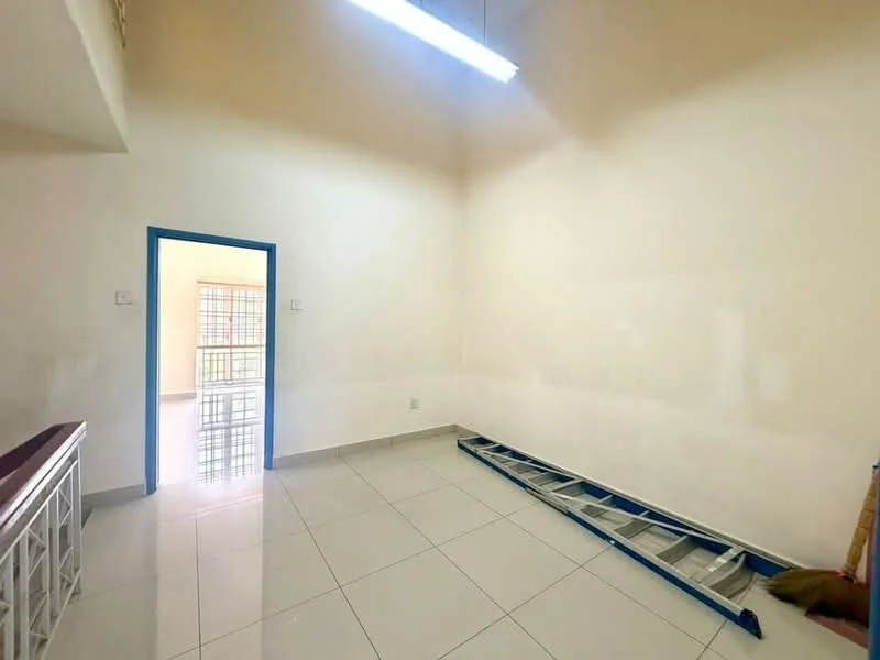 Room features: white painted walls, tile flooring, large window, natural light, ceiling light fixture, ladder, empty space.