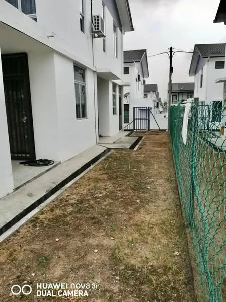Exterior type: linked terrace house; features: white painted facade, single-storey, concrete pathway, fenced yard, manicured lawn, metal gate, surrounding residential units, utility poles visible; style: modern.