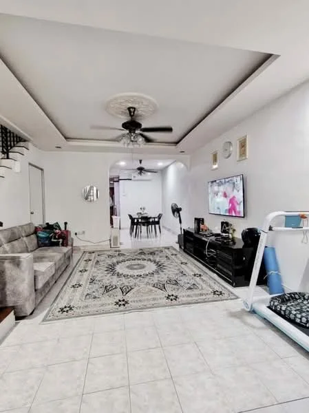 Living features: grey fabric sofa, coffee table, TV console, wall-mounted TV, area rug with geometric pattern, 5-blade ceiling fan with light, recessed downlights, white painted walls, tile flooring, decorative ceiling rose, open space leading to dining area; style: modern. Dining features: 4-seater dining table, black dining chairs, ceiling fan, white painted walls, tile flooring; style: modern.