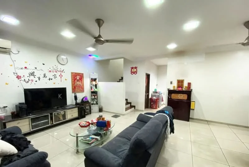 Living features: 3-seater fabric sofa in dark grey, glass coffee table, wall-mounted TV, TV console with storage, ceiling fan with light, recessed LED downlights, cream painted walls, tile flooring, decorative wall art, staircase leading to upper floor, open layout to adjacent room; style: modern.