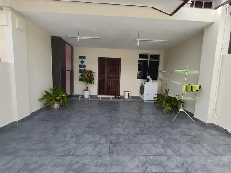 Room features: grey tiled flooring, white painted walls, large window with natural light, door with metal grille, ceiling lights, indoor plants, white cabinet, clothes drying rack; style: modern.