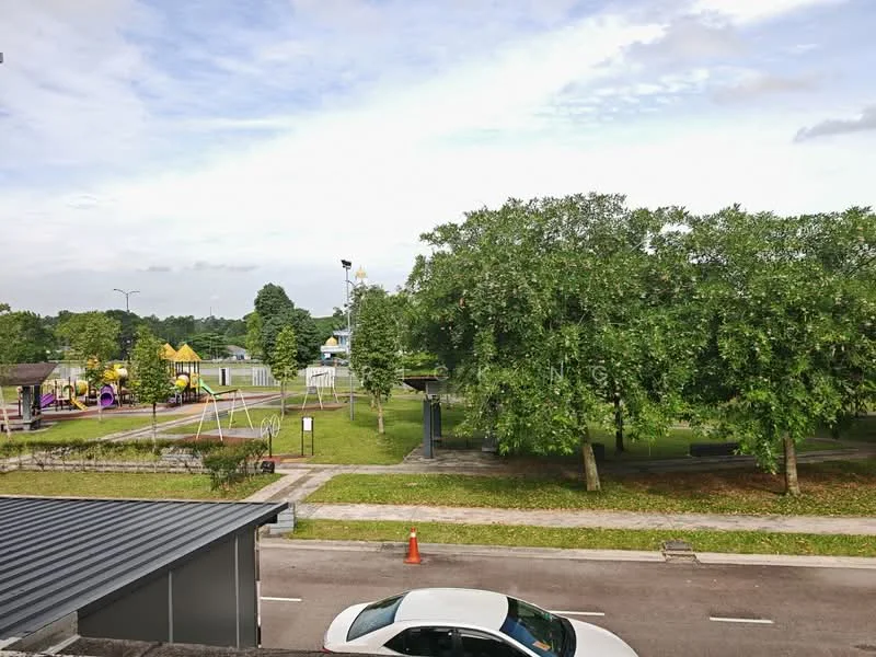 Exterior features: manicured lawn, mature trees, children's playground, swing set, park benches, paved walkway, open green space, surrounding greenery.