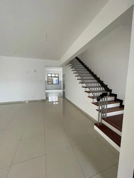 Room features: white painted walls, glossy ceramic tile flooring, staircase with wooden treads, metal railing on staircase, high ceiling, large windows, open layout, neutral color scheme; style: modern.