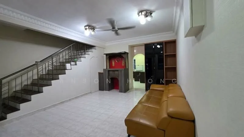 Living features: cream painted walls, white tiled flooring, 5-blade ceiling fan with light, recessed downlights, brown leather sofa, wooden shelving unit, staircase with metal railing, fireplace feature, open layout, decorative crown moulding; style: modern.