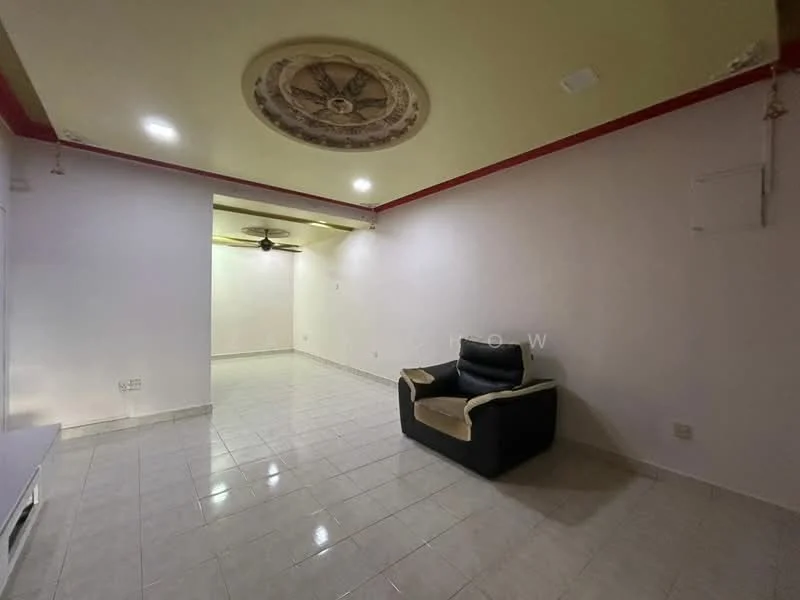 Living features: white painted walls, cream ceiling with decorative medallion, glossy tile flooring, 5-blade ceiling fan, single black armchair, recessed lighting, red accent trim on ceiling, open layout; style: modern.