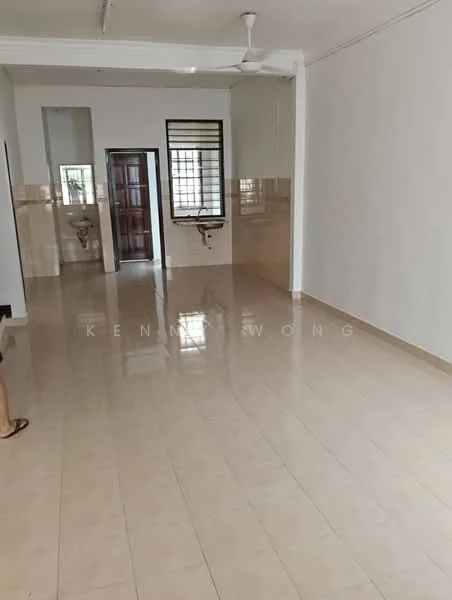 Room features: cream tiled flooring, white painted walls, ceiling fan, large window with grid pattern, doorway leading to another room, wall-mounted sink, neutral color scheme, open layout; style: modern.