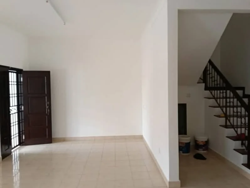 Room features: white painted walls, cream tiled flooring, staircase with wooden railing, double-door main entrance, open layout, empty space, no visible furniture, natural light from windows; style: minimalist.