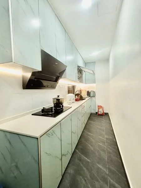 Kitchen features: light blue cabinetry with marble pattern, white countertop, built-in oven, stainless-steel gas hob, black range hood, recessed lighting, grey tile flooring, kitchen appliances visible, wall-mounted cabinets, open shelving, sink, back wall with white tiles; style: modern.