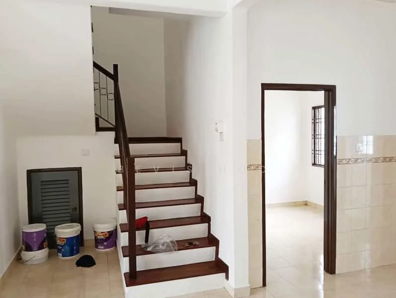 Room features: staircase with wooden steps, white painted walls, cream tiled flooring, window with grid design, storage area under stairs, paint buckets, cleaning supplies, neutral color scheme; style: modern.