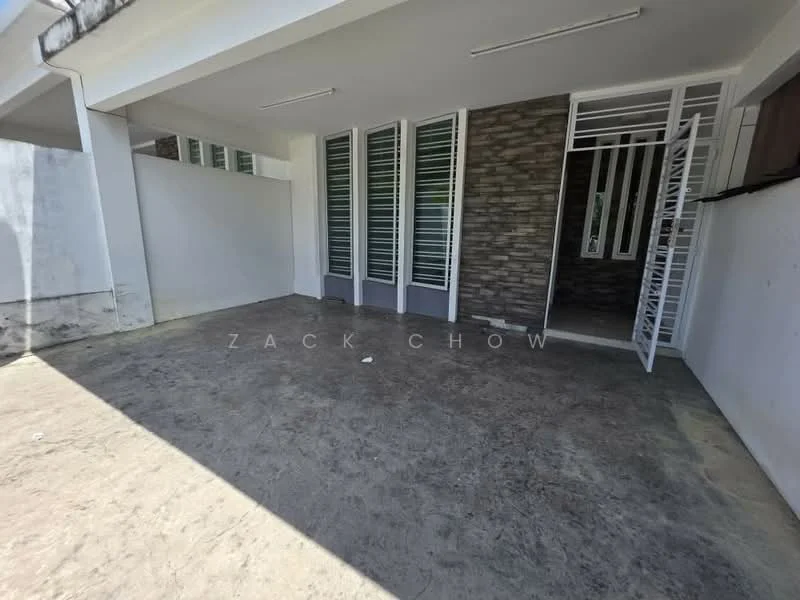 Exterior features: concrete flooring, stone accent wall, multiple glass panel doors, security grille, overhead fluorescent lighting, white painted walls, open space, natural light; style: modern.