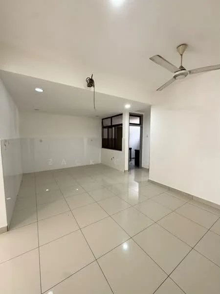 Living features: white painted walls, glossy ceramic tile flooring, 5-blade ceiling fan with light, recessed downlights, large window with natural light, open layout, neutral color scheme, no visible furniture; style: modern.