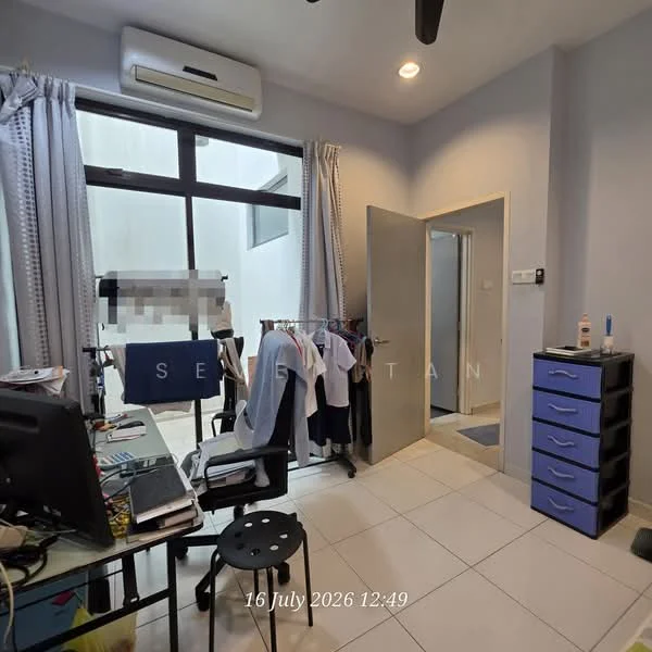 Room features: light grey painted walls, white ceiling, floor-to-ceiling window, sliding door, tile flooring, 1 wall-mounted split AC, black desk with computer, black stool, clothes rack, blue drawer cabinet, curtains, open space leading to outdoor area; style: modern.
