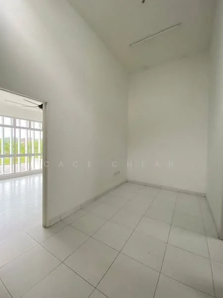 Room features: white painted walls, tiled flooring, high ceiling, large windows, natural light, neutral color scheme; style: modern; view: garden.