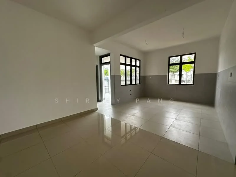 Room features: white painted walls, grey accent wall, glazed tile flooring, large windows, natural light, ceiling with no visible fixtures, open layout, door leading outside; style: modern; view: garden.