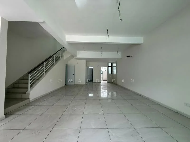 Room features: white painted walls, polished ceramic tile flooring, exposed ceiling with no fixtures, staircase with metal railing, large windows allowing natural light, open layout, neutral color scheme, no visible furniture or decor; style: modern.