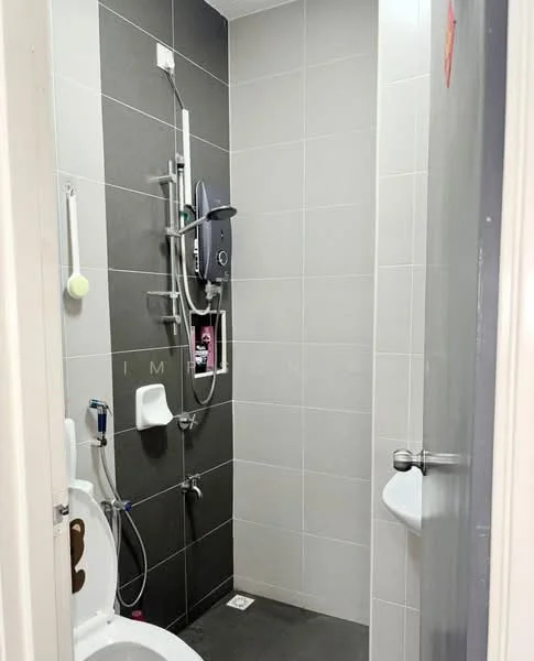 Bathroom features: grey tiled walls, white tiled walls, shower with handheld showerhead, wall-mounted shower control, toilet, sink with faucet, floor tiles, soap holder; style: modern.