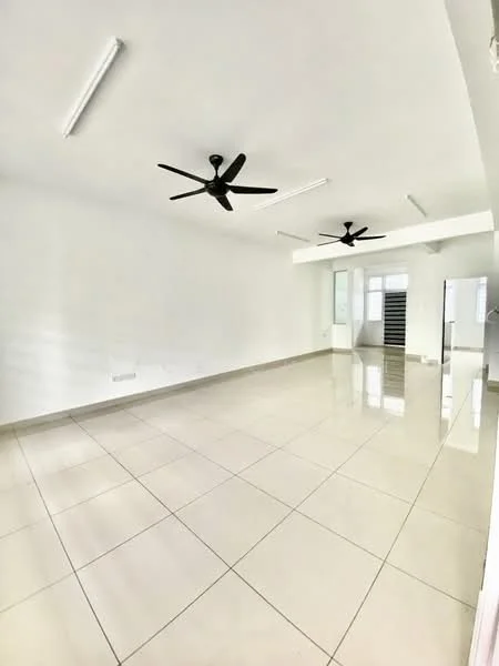 Living features: white painted walls, glossy ceramic tile flooring, 2 ceiling fans, recessed LED downlights, large windows for natural light, open layout, neutral color scheme, no visible furniture; style: modern.