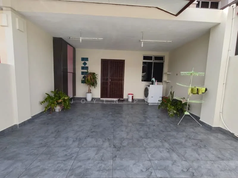Room features: grey tiled flooring, white painted walls, ceiling lights, window with natural light, door with security grille, air conditioning unit, greenery with potted plants, clothes drying rack; style: modern.