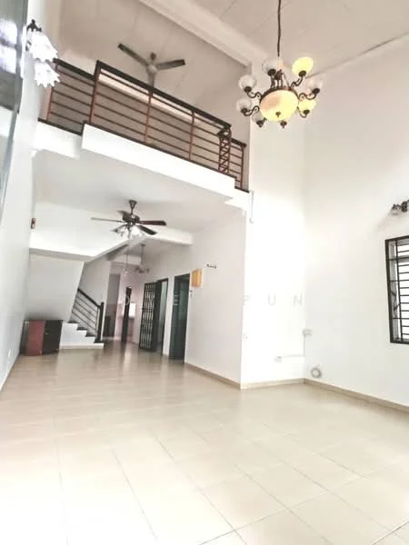 Living features: white painted walls, tile flooring, high ceiling, 5-blade ceiling fan with light, chandelier, large windows, staircase leading to upper level, open layout, wall-mounted light fixtures; style: modern.