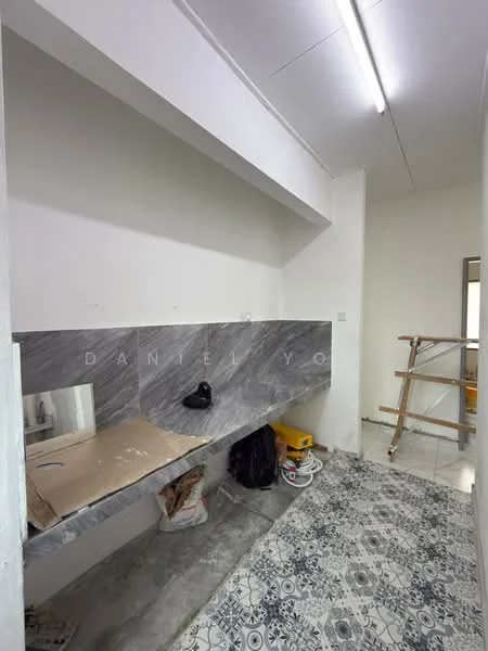Laundry features: grey marble countertop, white painted walls, floor-to-ceiling mirror, ceramic tile flooring with patterned design, shelving unit, cleaning supplies, light fixture, open space layout; style: modern.