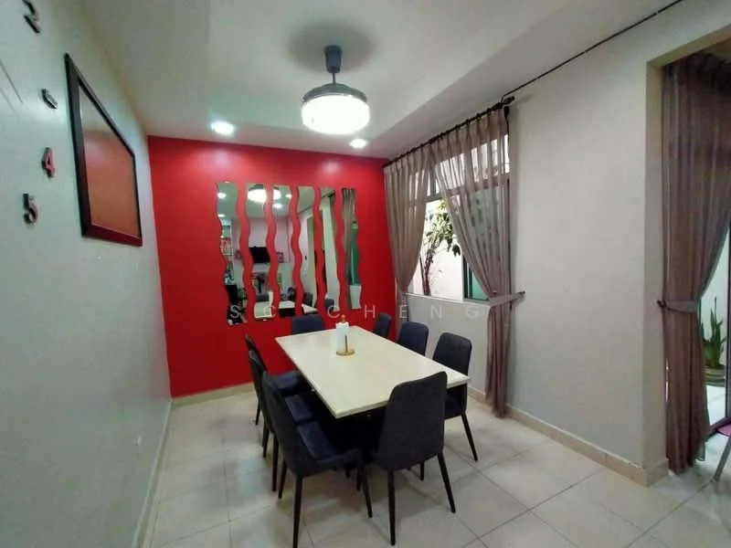 Dining features: rectangular dining table, 6 upholstered dining chairs in grey, red accent wall, mirror with wavy design, hanging light fixture, floor-to-ceiling windows with sheer curtains, tile flooring, indirect ceiling lighting; style: modern; view: garden.