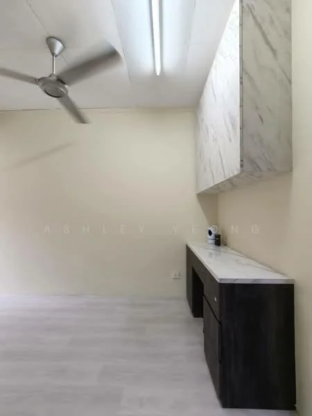 Room features: light grey laminate flooring, cream painted walls, ceiling fan, wall-mounted cabinetry with marble finish, dark wood console with drawers, recessed ceiling lights; style: modern.
