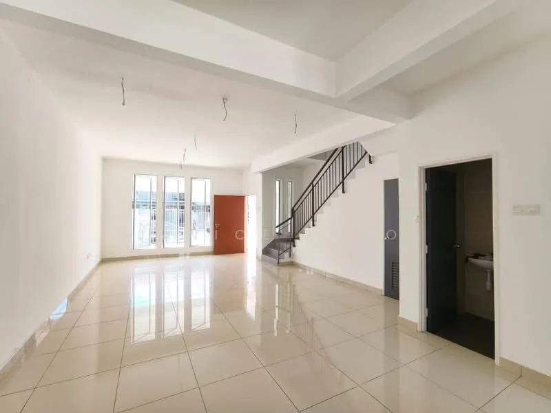 Living features: white painted walls, polished ceramic tile flooring, large floor-to-ceiling windows, double sliding door, staircase with metal railing, recessed ceiling, no visible furniture, bright natural light; style: modern. Room features: white painted walls, polished ceramic tile flooring, doorway leading to bathroom, doorway leading to staircase.