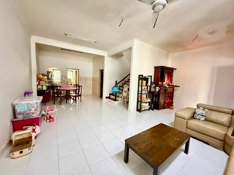 Living features: white painted walls, glossy white tile flooring, ceiling fan, 3-seater fabric sofa in beige, wooden coffee table, decorative items on shelves, open layout to dining area, natural light from windows; style: modern. Dining features: wooden dining table for 6, wooden dining chairs, open layout to living area, natural light from windows; style: modern.